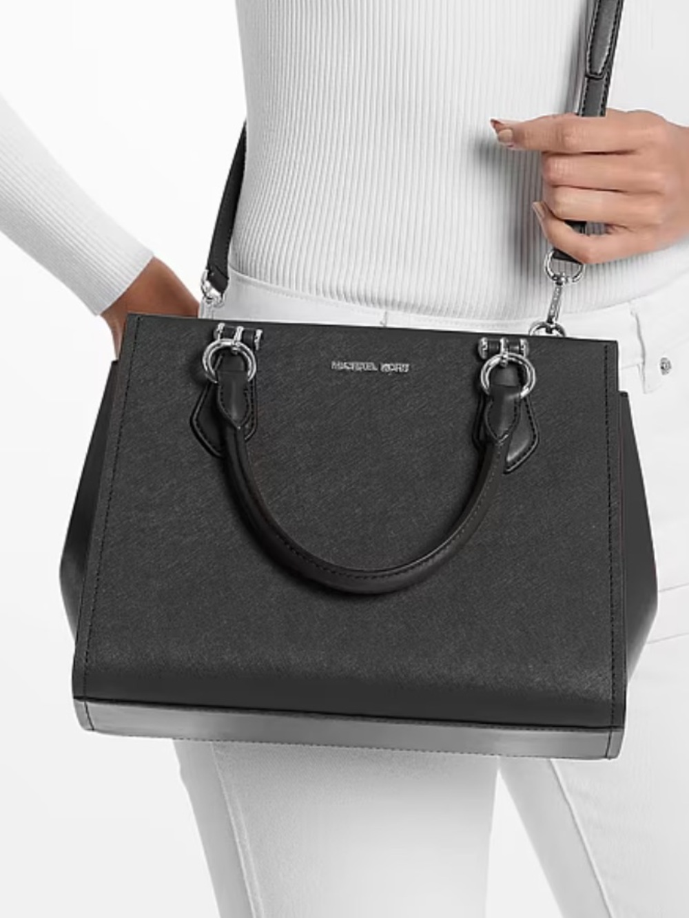 Michael Kors Marilyn Medium Saffiano Leather Satchel Crossbody Bag Black
